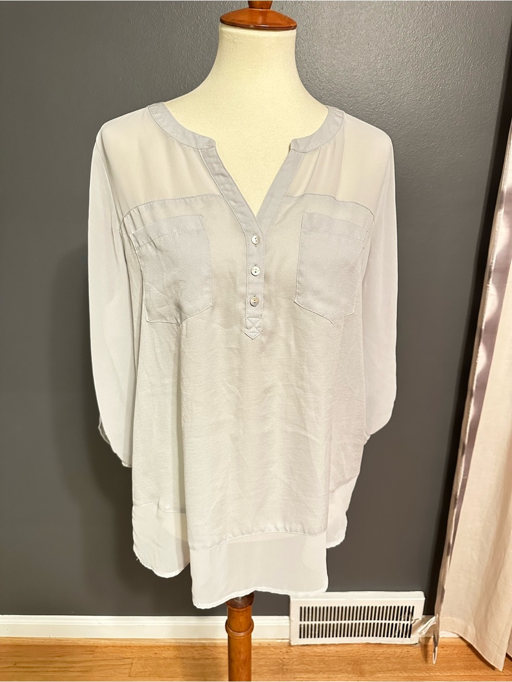 Express Sheer Gray V Neck Blouse 3/4 Sleeve Large